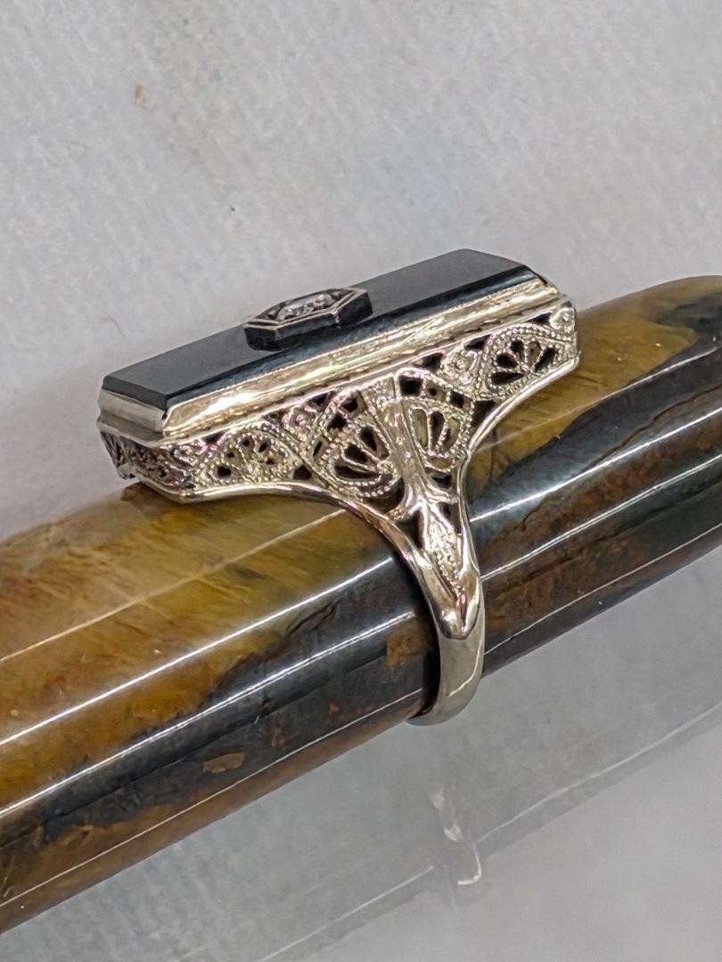 Victorian 14k White Gold Filigree Diamond & Black Onyx Ring Size 4.75