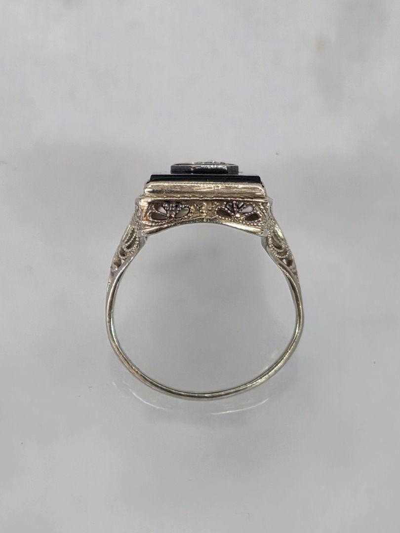 Victorian 14k White Gold Filigree Diamond & Black Onyx Ring Size 4.75