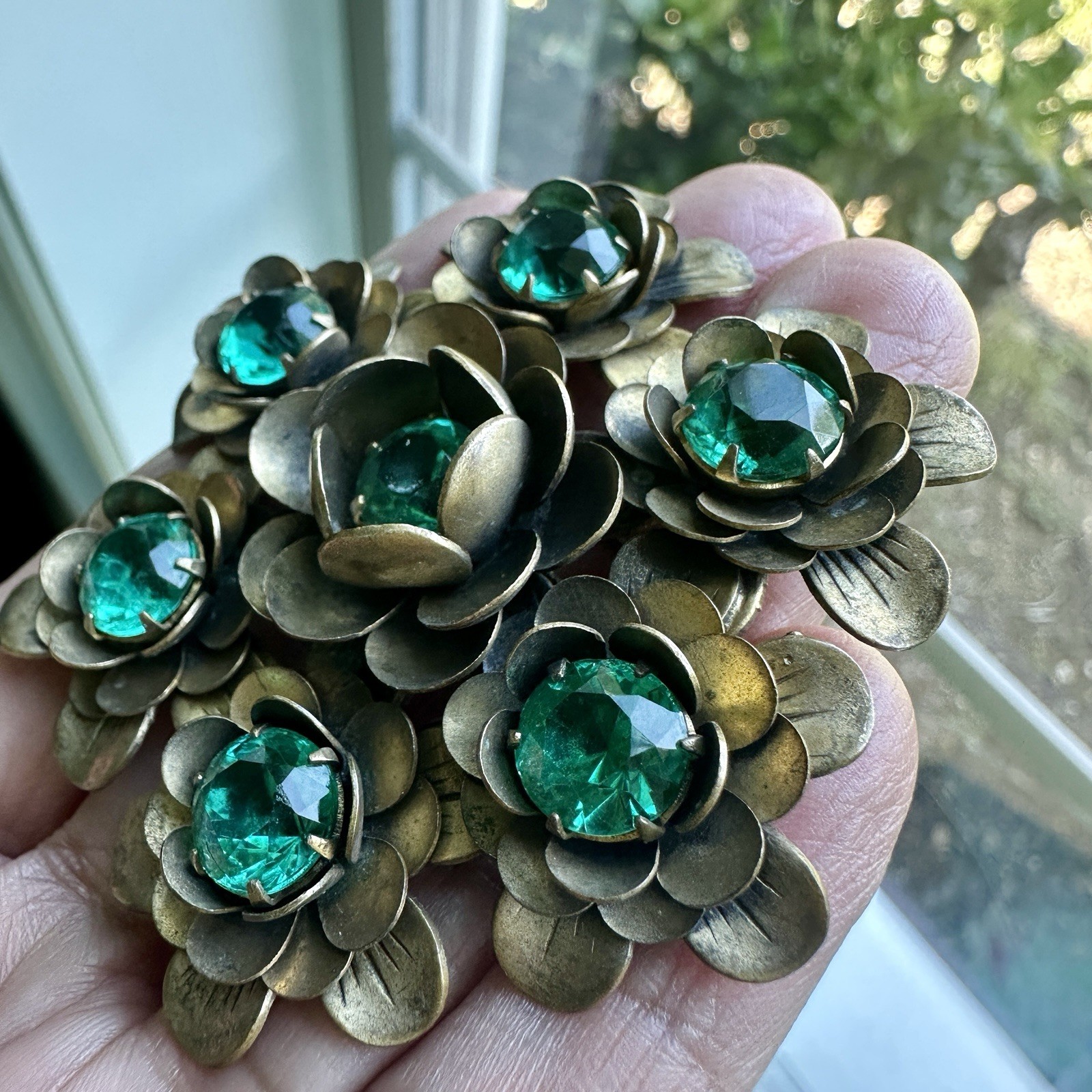 Vintage Flowers Brooch 2.4 Inch Green Crystal Multi Layered Antique Gold MCM