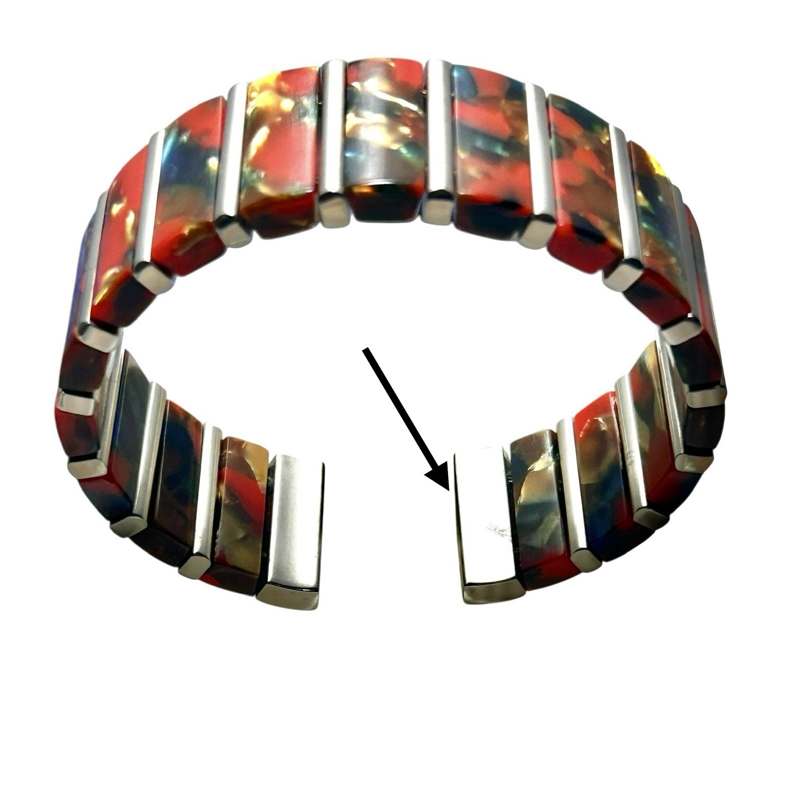 Vintage Acrylic Stretch Cuff Bracelet Marbled Red Gold Blue Silver Tone Bars Y2K
