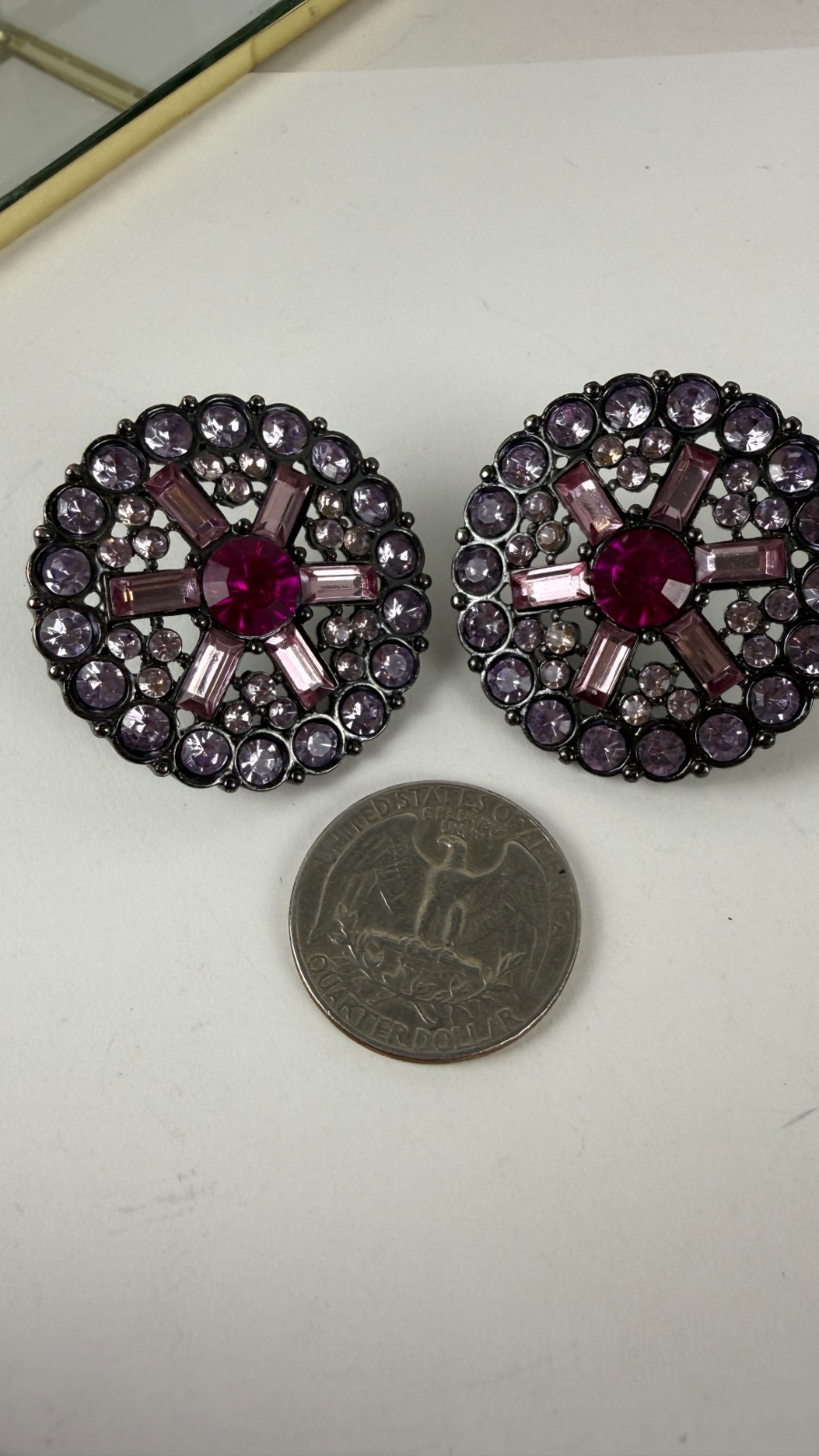 Vintage Gunmetal Pink Glass Rhinestone Statement Stud Earrings