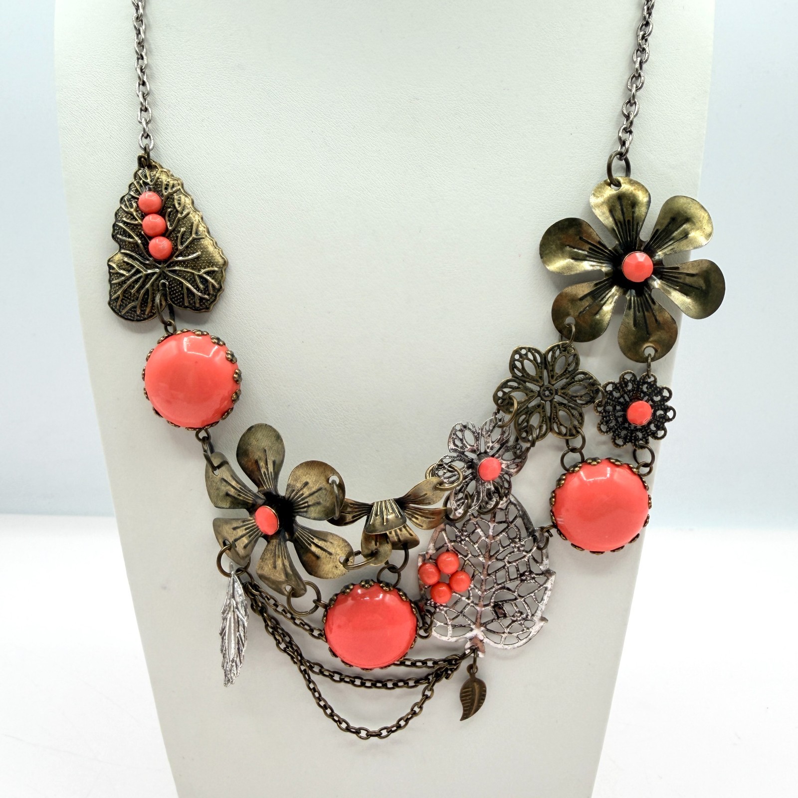 Vintage Bronze Tone Floral Bib Necklace Statement Orange Faux Coral Bead Boho