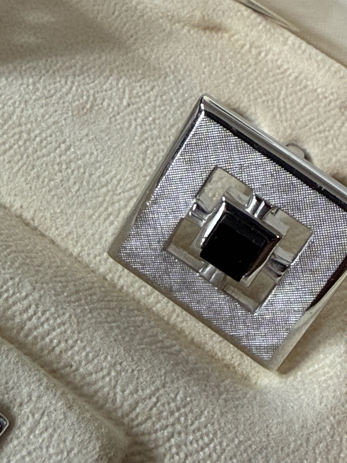 Swank Tie Clip and Cuff Links Set Brushed Silver Tone Onyx Stone