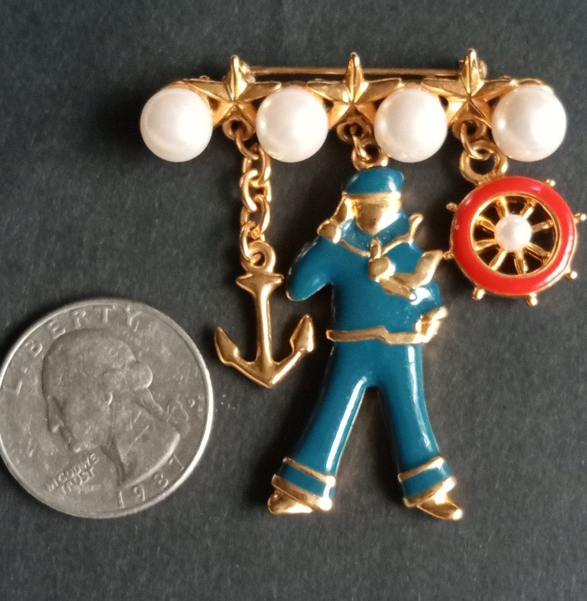 Vntg MARVELLA Signed Enameled Dangle Pin – Sailor Ships Wheel Anchor Faux Pearls