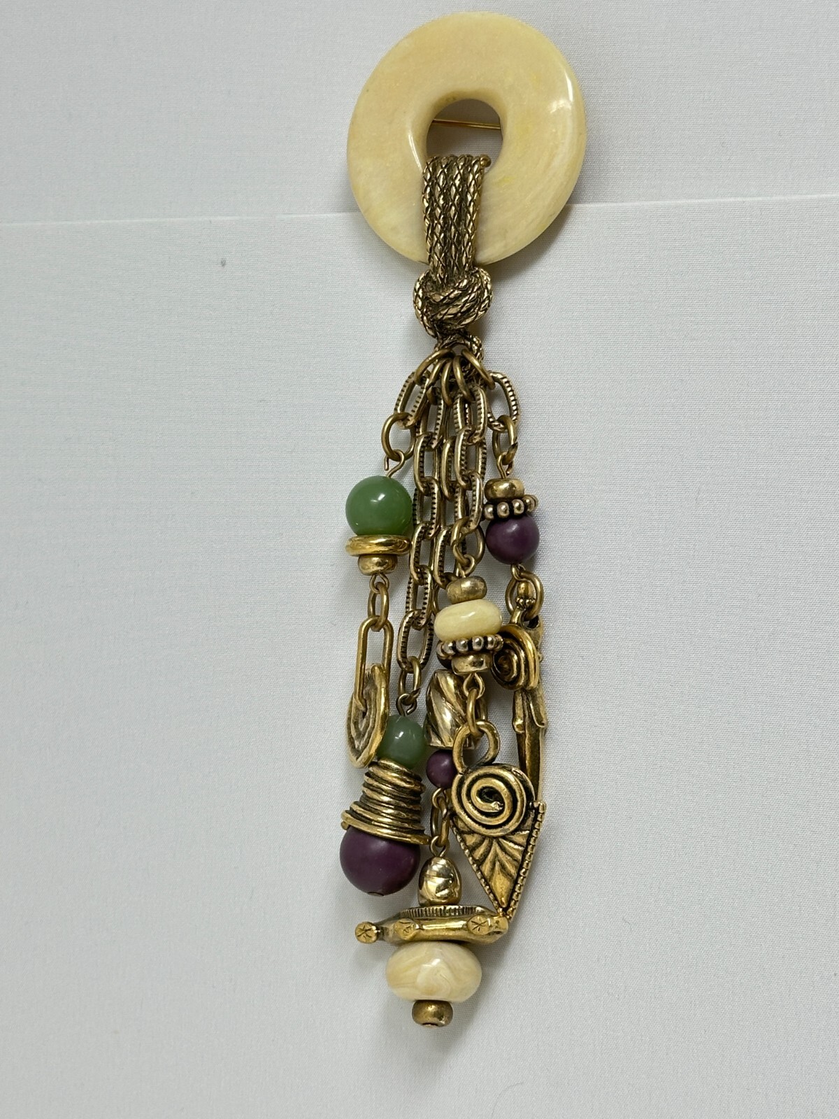 1928 Brand Goldtone Purple Cream Green Bead 5.75″ Long Fringe Brooch Pin