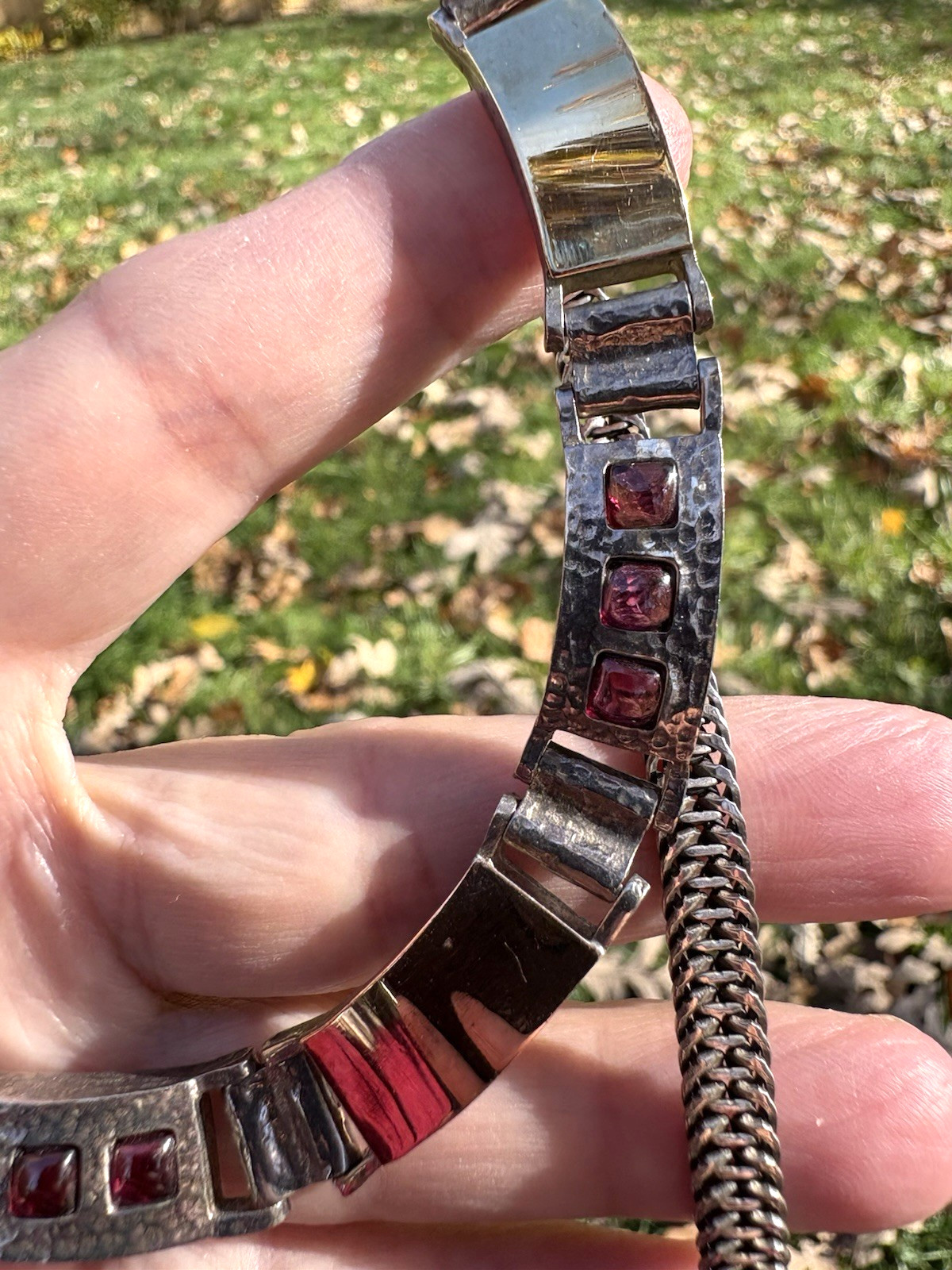 Italy Necklace Modernist Garnets Red Mesh Chain Sterling Silver Gold Plate Heavy