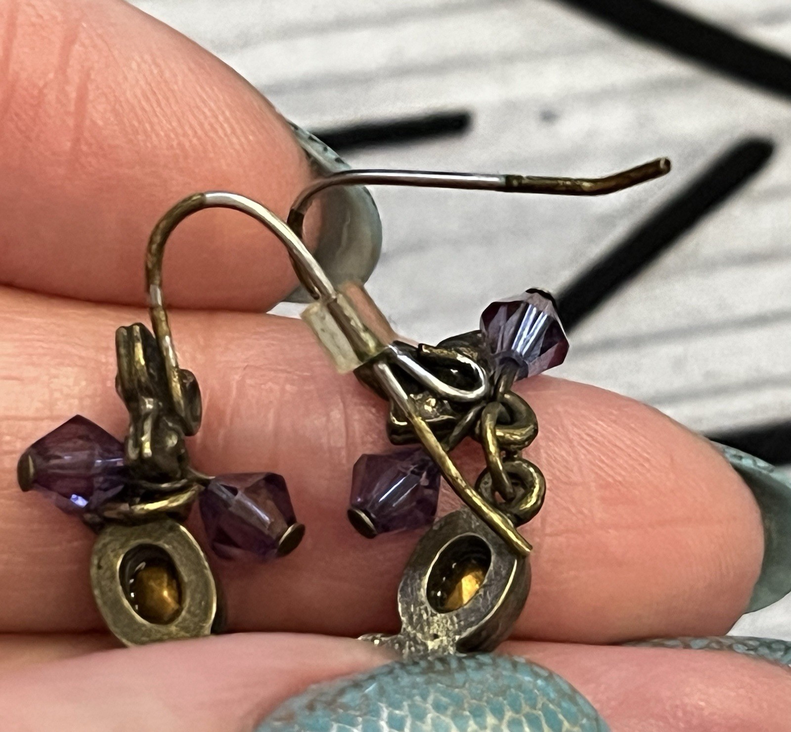 Pink Crystal Dangle Earrings with Aurora Purple Bicone Beads – Brass Setting