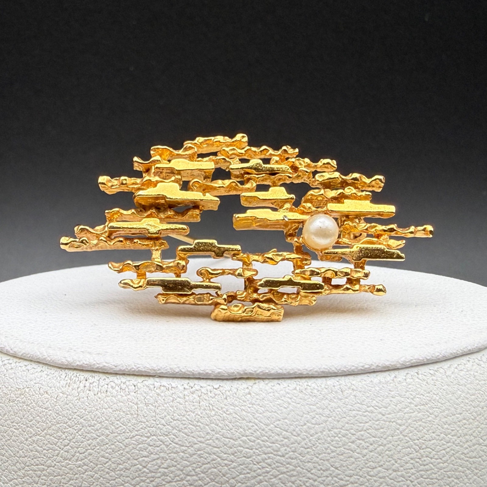 Vintage Gold Tone Metal Faux Pearl Accent Brooch Abstract Mid Century Brutalist