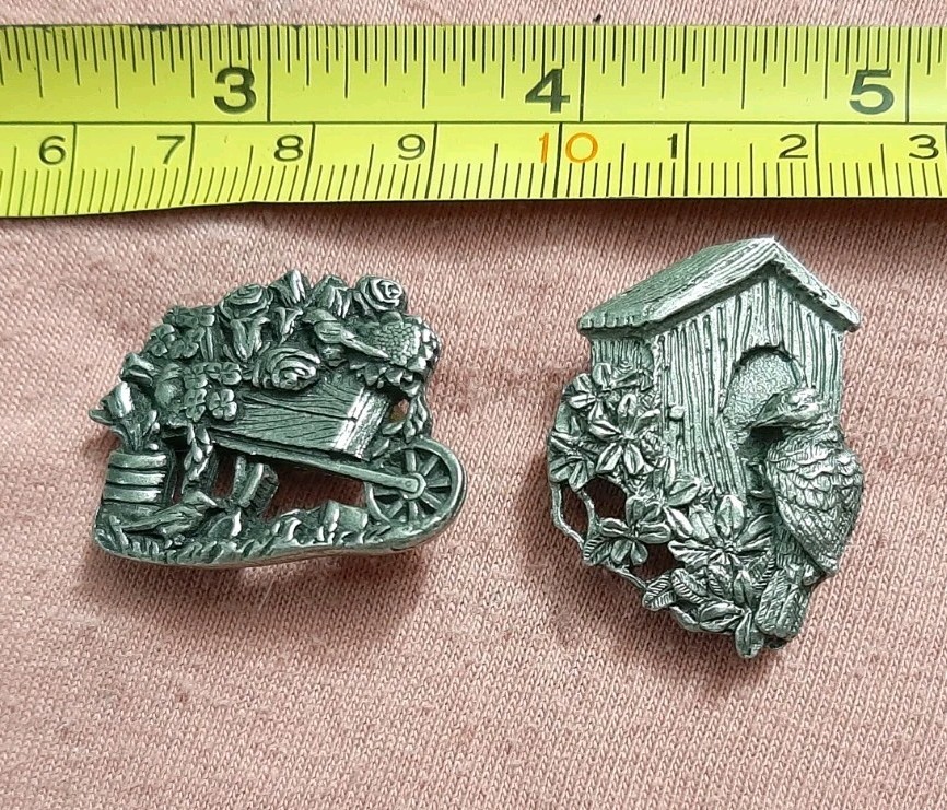 LOT of 2 Birds & Blooms Pewter Pin Bird Birdhouse 1997, Wheelbarrow Flowers 2001