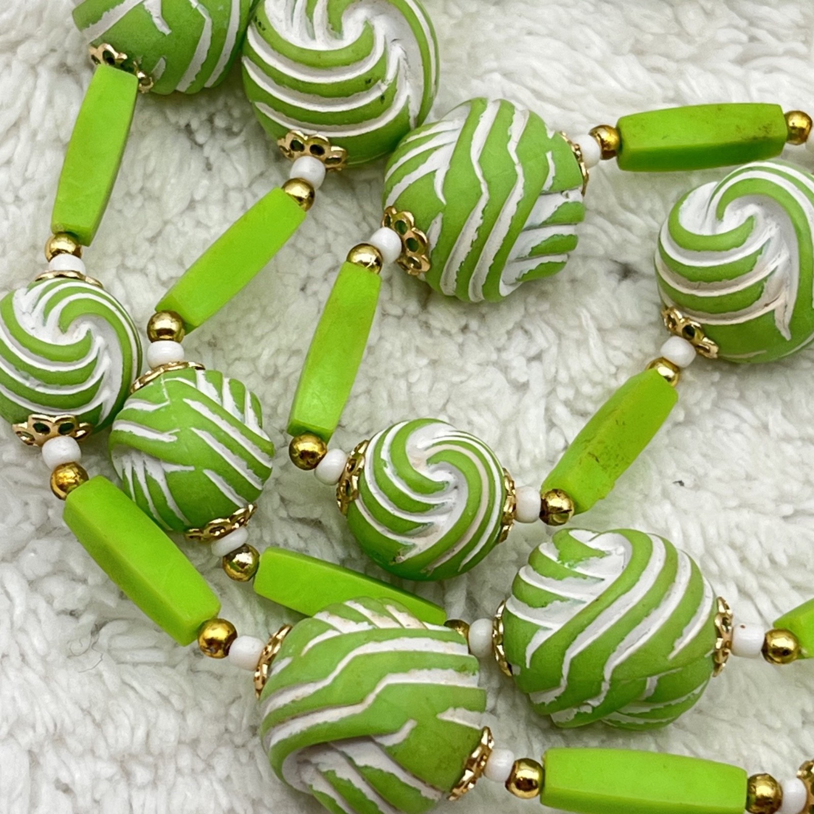 Vintage Green Plastic Necklace Carved Lime Green Beads