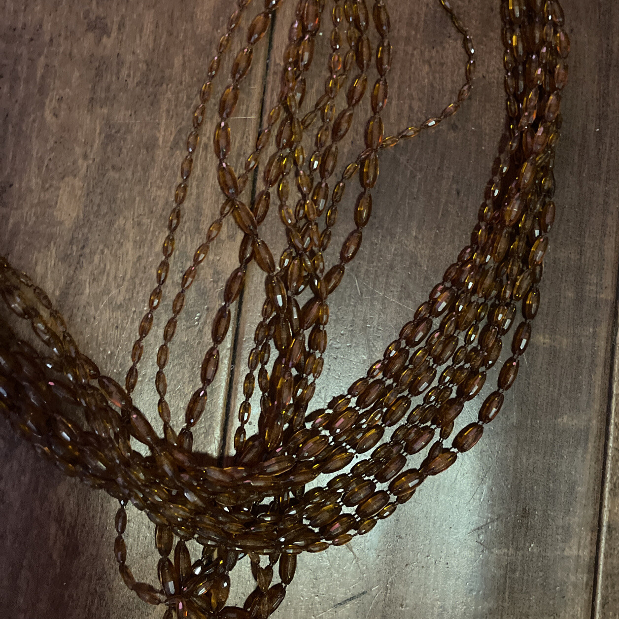 Vintage Necklace 52” 5 Strand Rootbeer Color Beads Different Shapes Wrap A Round