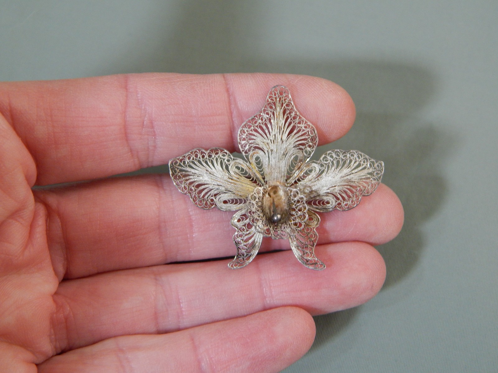 Antique Vintage 800 Silver cannetille Filigree Orchid Dimensional Brooch Pin