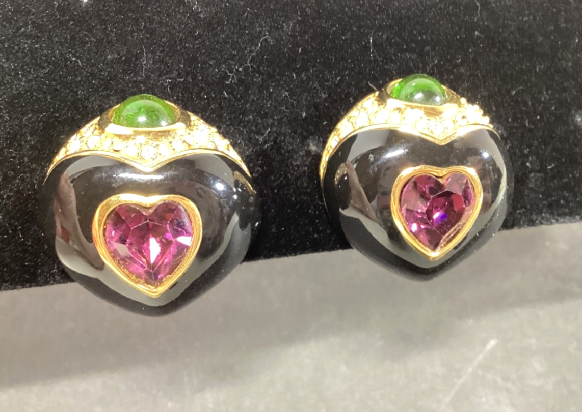 Joan Rivers Clip-On Heart Earrings Pink and Green Crystals Black Enamel 1″