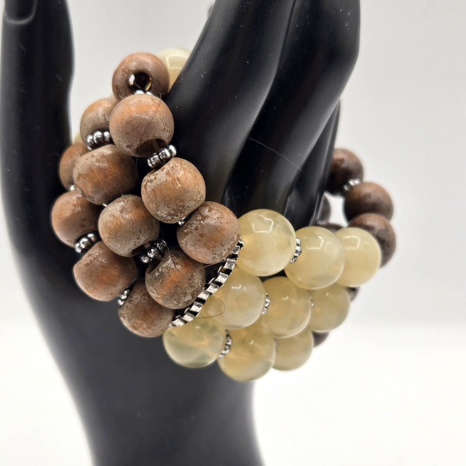 VTG Three Strand Wood and Lucite Beaded Stretch Bracelet Silver Accents