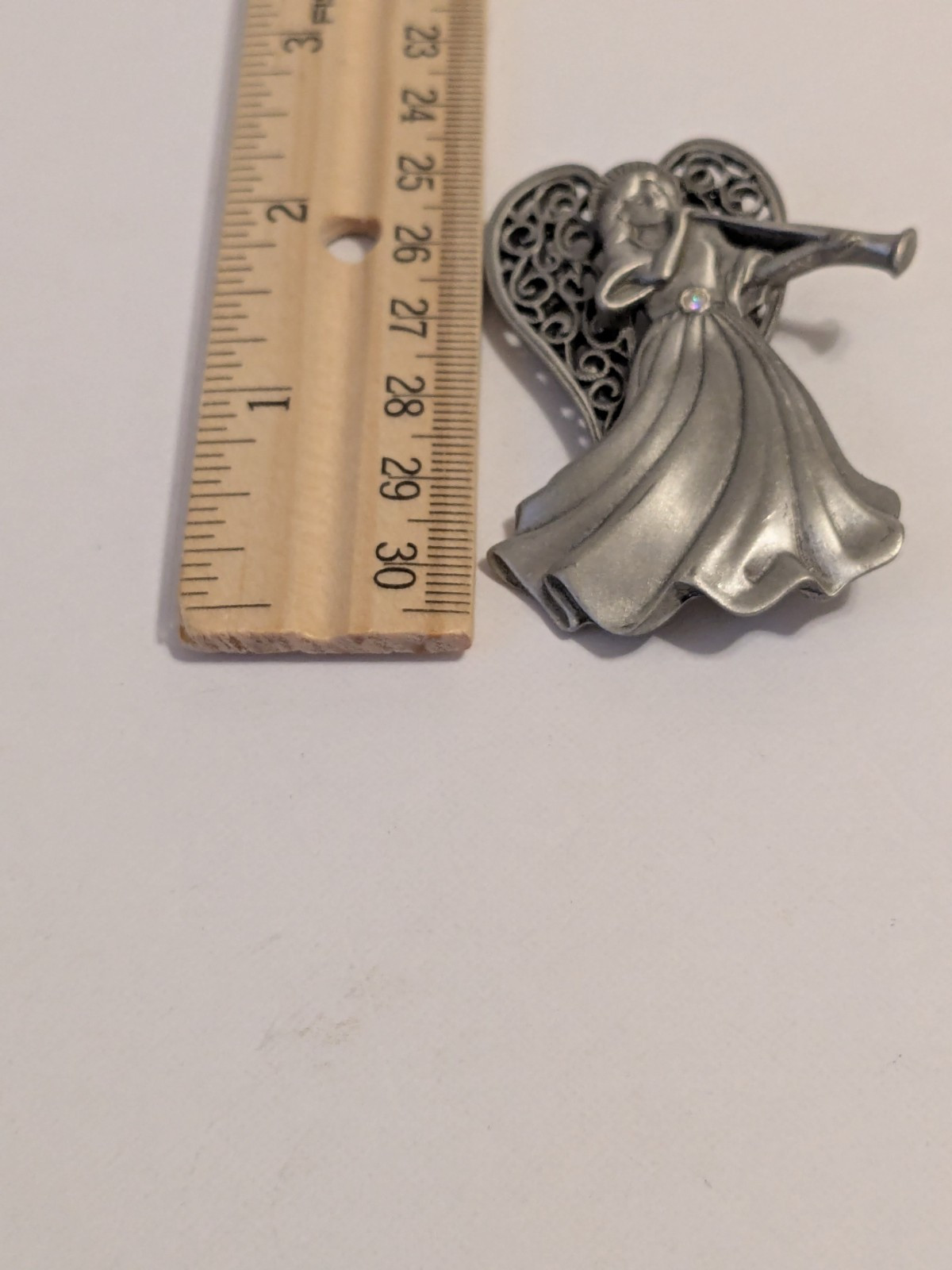 JJ Jonette Vintage Silver Tone Pewter Angel & Horn Brooch With Rhinestone 2.5″.
