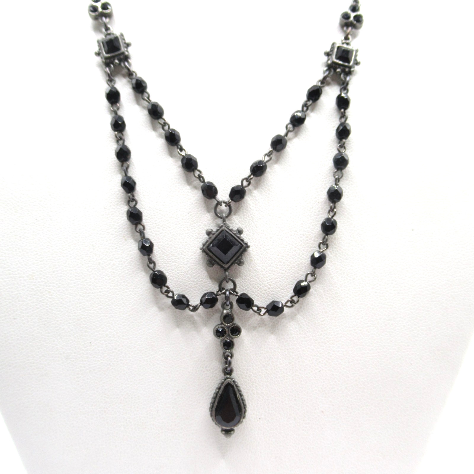 Modern Romantic Black w Dangle Festoon Necklace Beaded on Chain