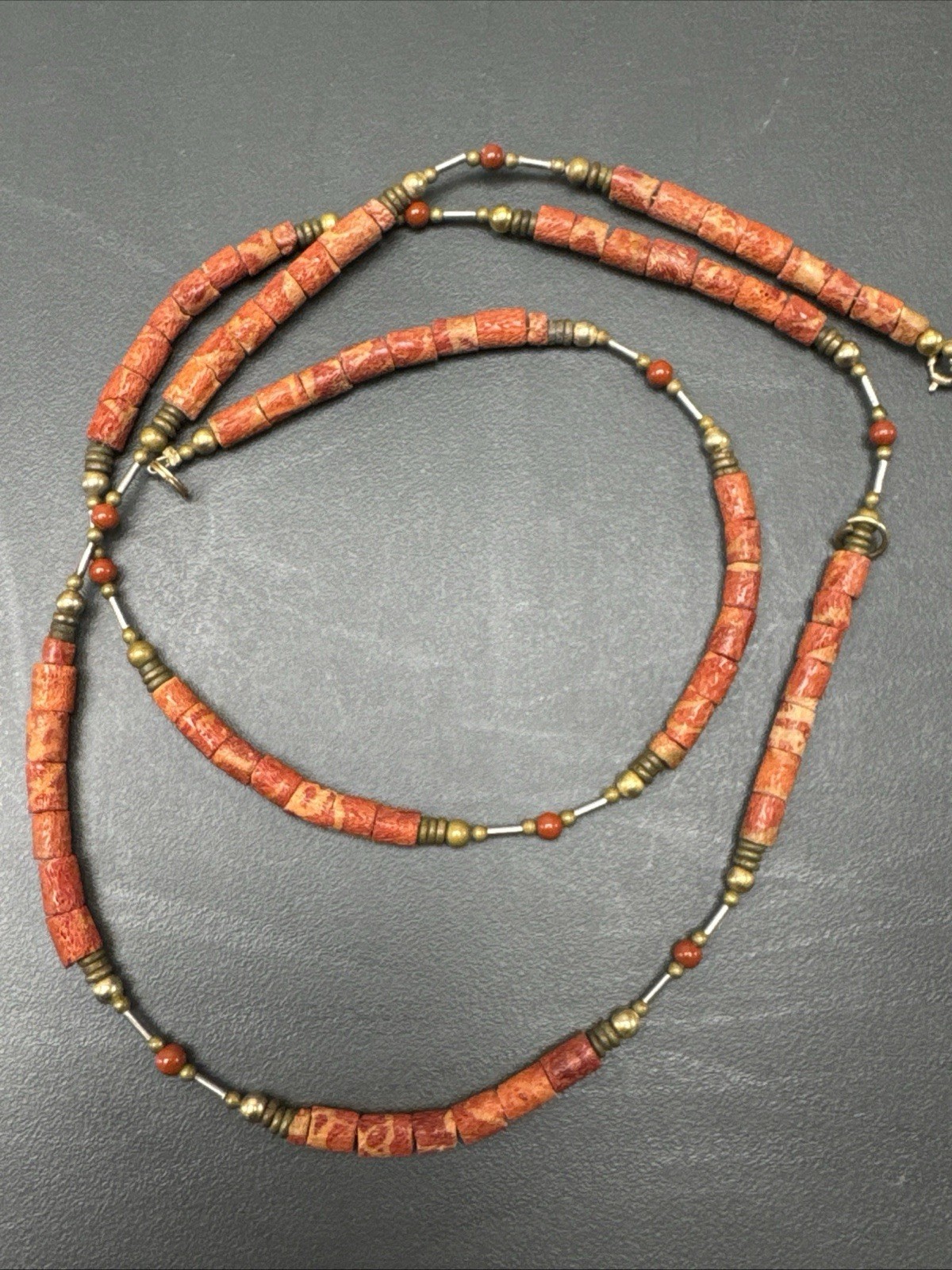 Vintage Natural Red Coral Red / Orange Hue Barrel Shape Gold Spacers 30”Necklace