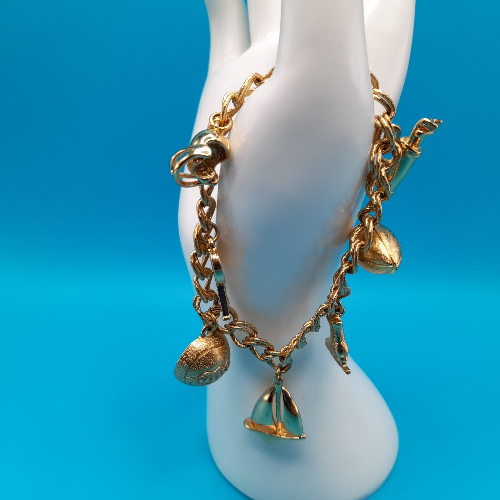 Vintage Monet Charm Bracelet Sports Theme Gold Tone Sister Clasp