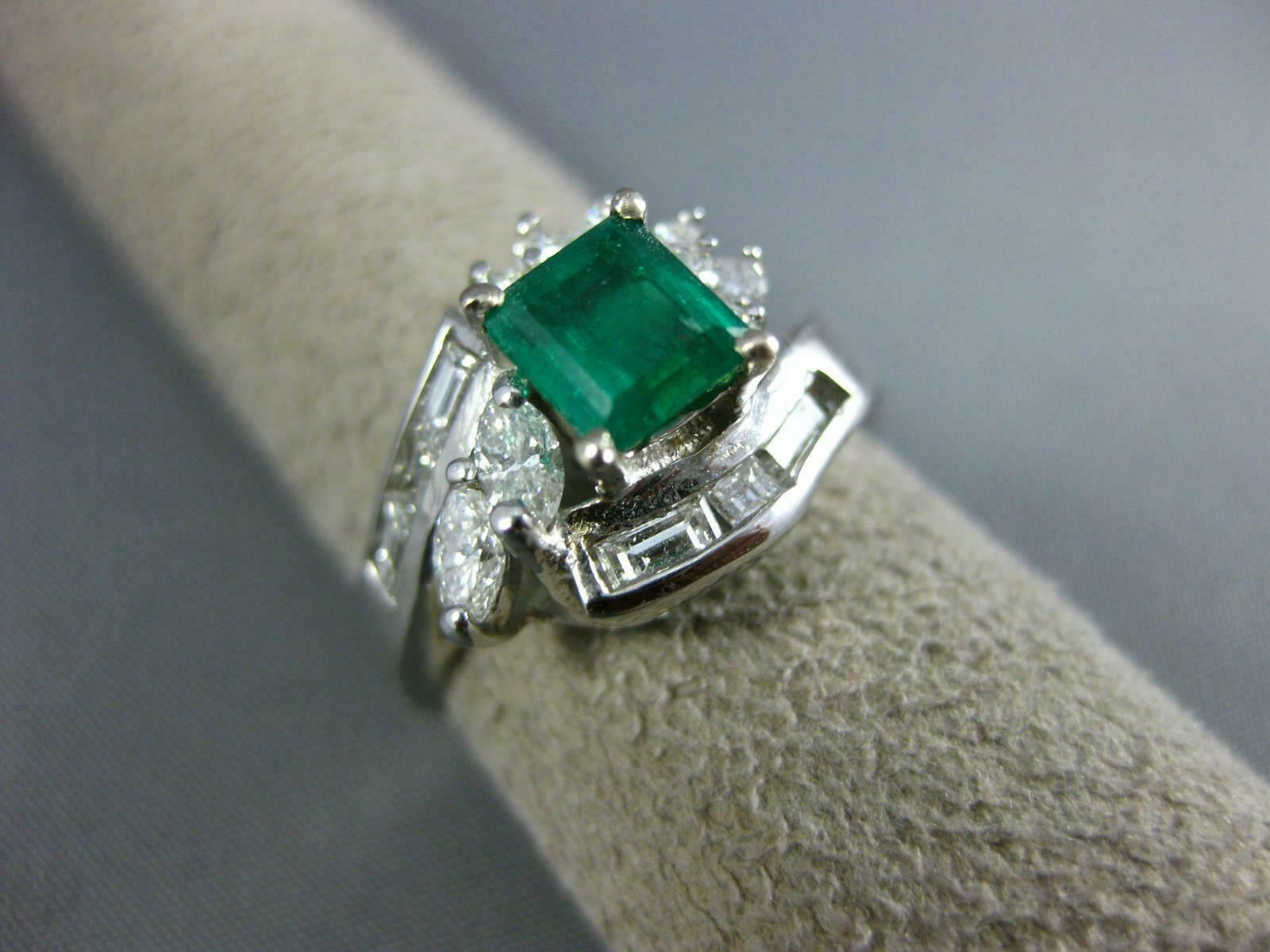 ESTATE 1.53CT DIAMOND & AAA EMERALD 14KT WHITE GOLD BAGUETTE ENGAGEMENT RING 121