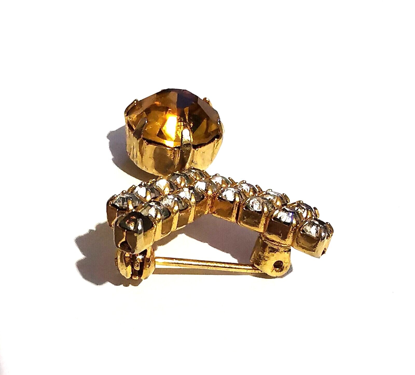 Vintage Czech Small Brooch Cognac Tone Glass Pendant Clear Rhinestones Handmade