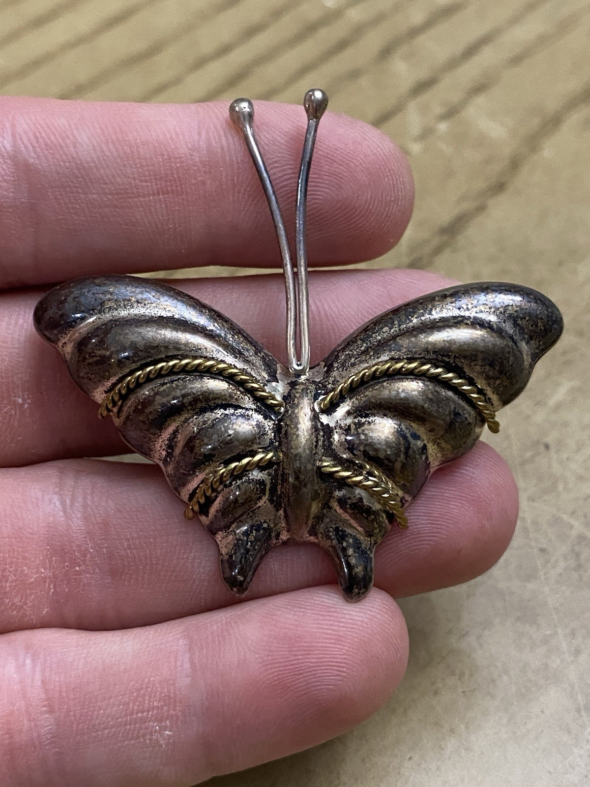 Laton Sterling Silver Taxco Mexico Brass Mixed Metal Butterfly Brooch Pin