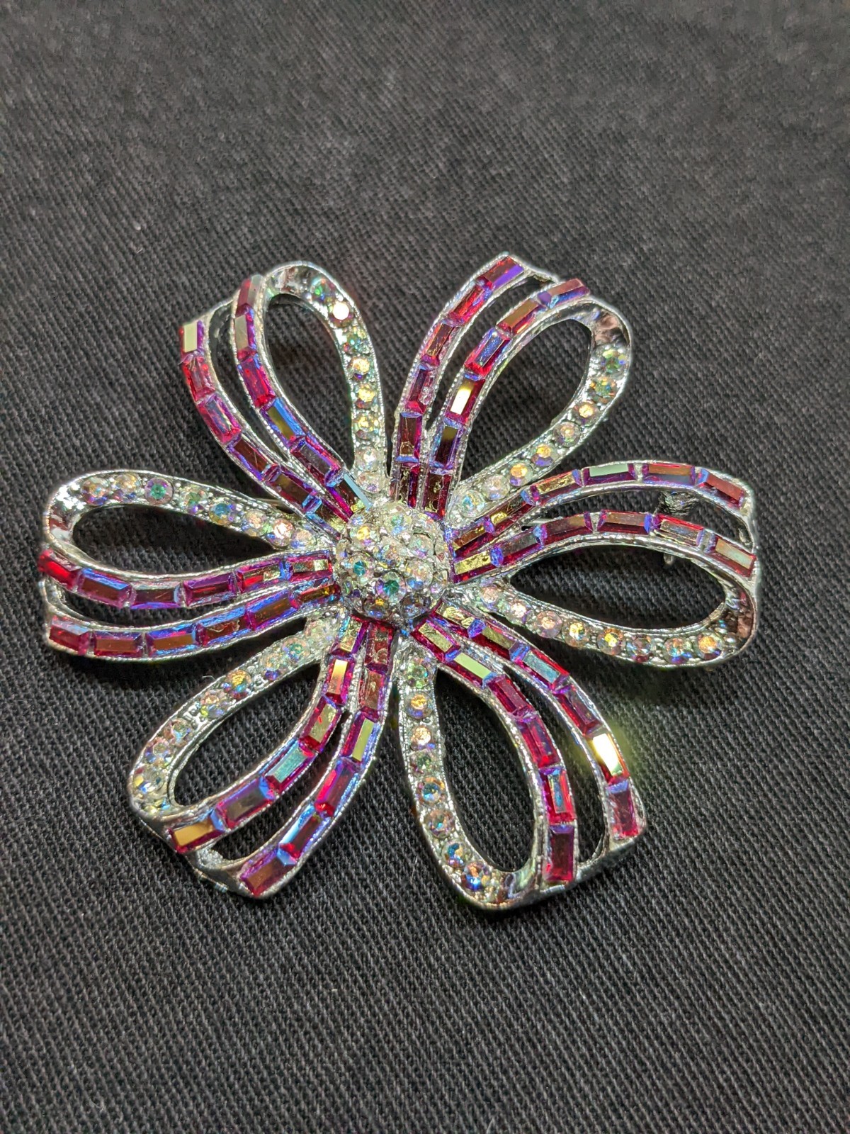 Vtg Flower Brooch Red Baguette Rhinestone AB Crystal Silver Tone Starburst Pin