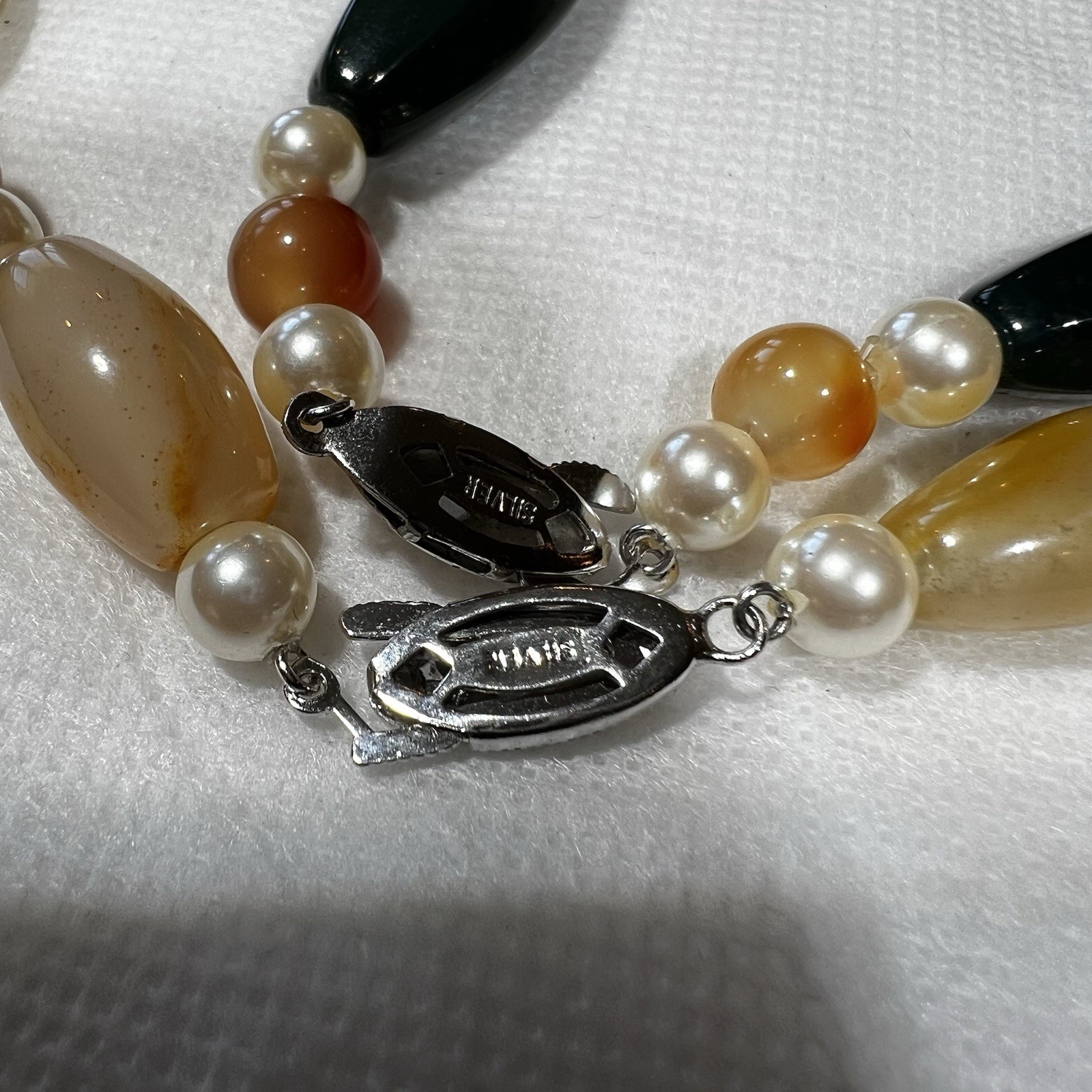2 Vintage 1960s Semi-Precious Stone Polished Agate Quartz Silver Bead Necklace