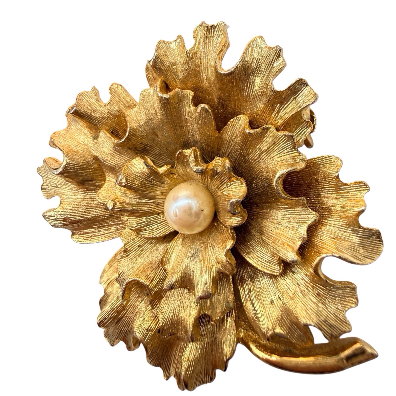 Vintage Faux Pearl Flower Brooch Carnation Brushed Gold Tone Shiny Stem Pin B6
