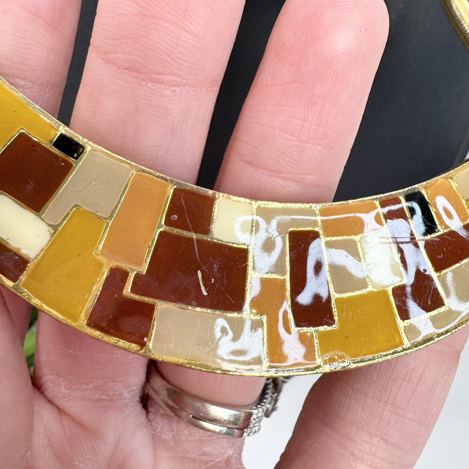 Vintage Neutral Tone Mosaic Enamel Gold Tone Necklace Tan Brown Yellow Orange