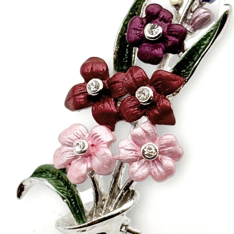Vintage Floral Bouquet Brooch Pin Silver Tone Pink Red Purple Flowers Unsigned
