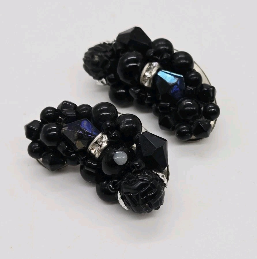 Art Deco Clip on Earrings Lot Set of 2 Black with White Crystal Silver Tone Vtg