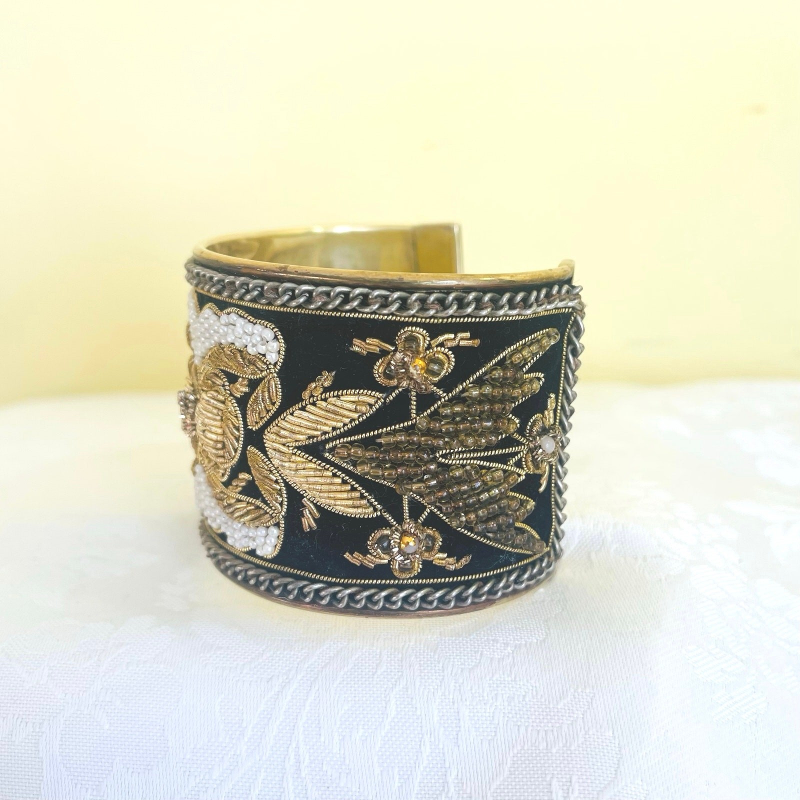 Vtg Artisan Wide Cuff Bracelet Bullion Embroidered Zardozi Style Seed Bead Brass