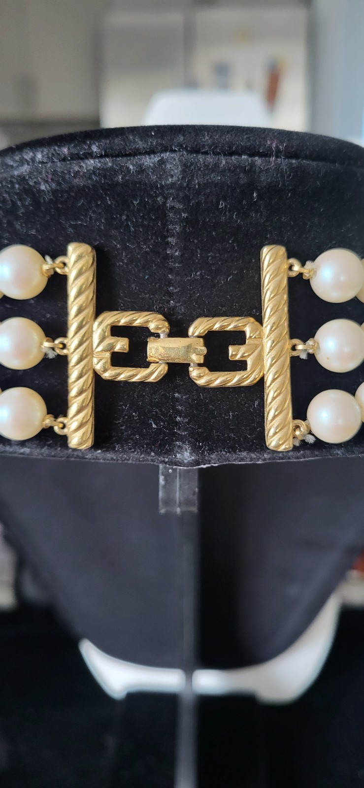 Vintage Givenchy 3-Strand Faux Pearl Necklace Gold Tone G-Logo Clasp 17.5in