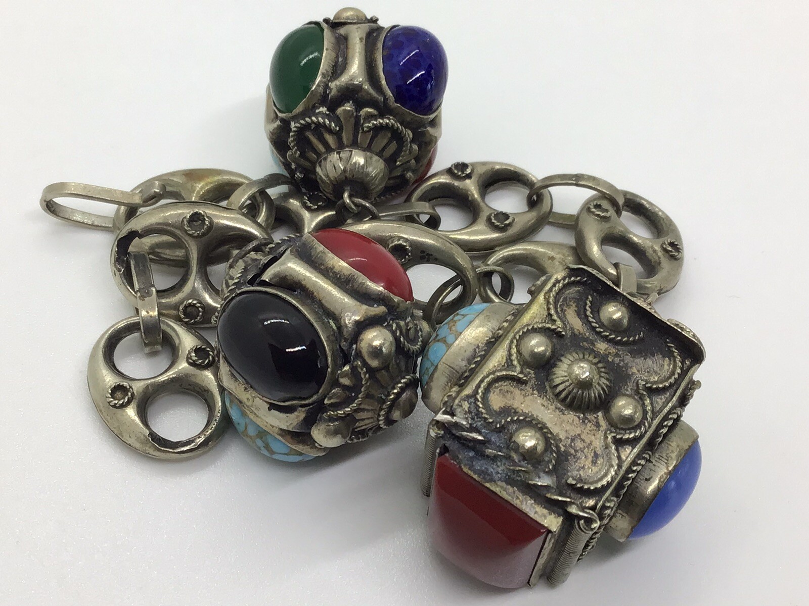 MCM VTG Etruscan Mediterranean Silver 800? Charm Bracelet 54g 8.5″ Turquoise