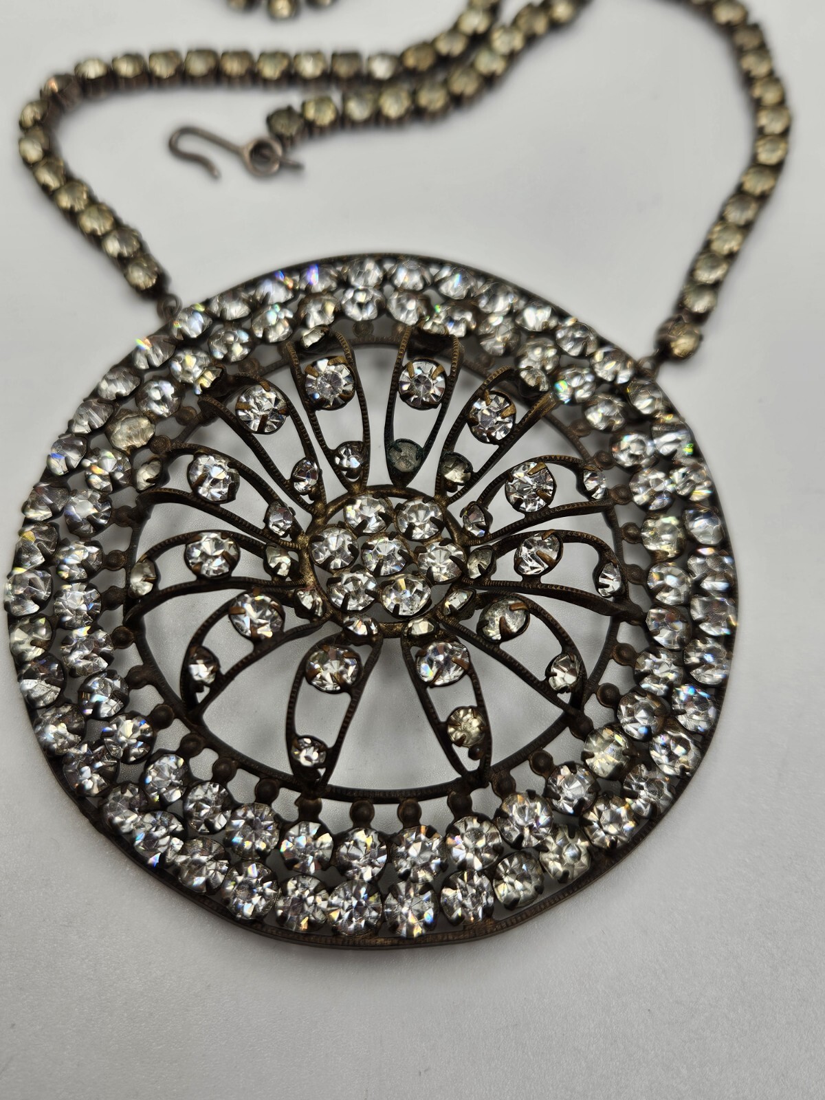 As Is Vintage Silver Tone Clear Rhinestones Ornate Pendant Collar Necklace