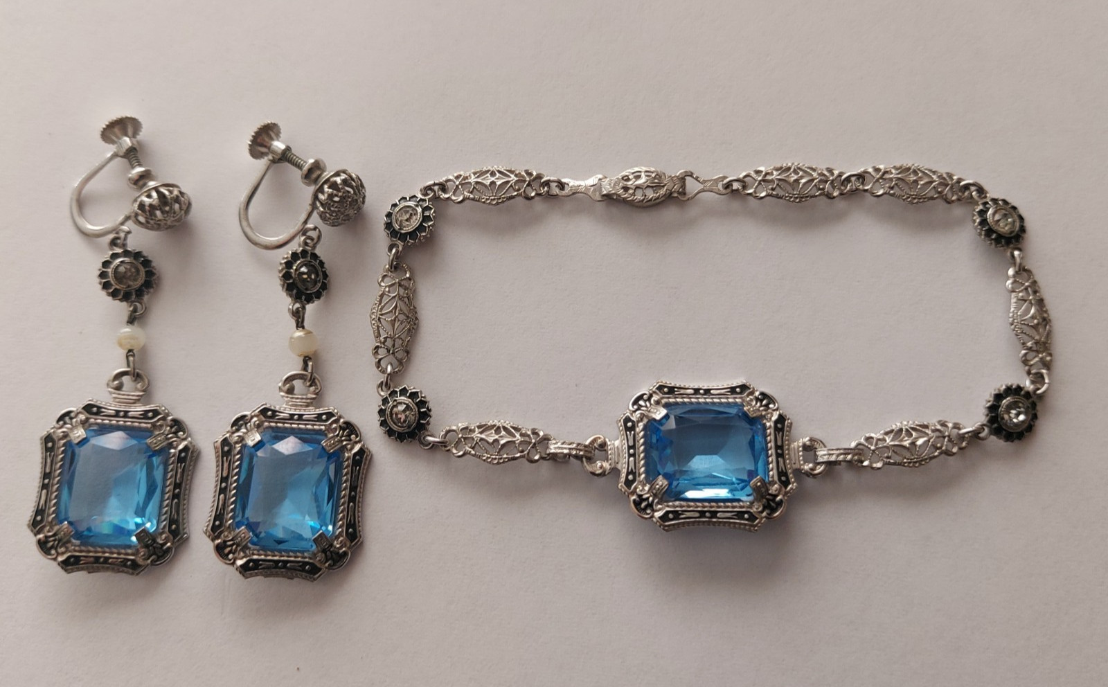 Antique Art Deco Blue Faceted Glass Ornate Filigree Bracelet & Earrings Set