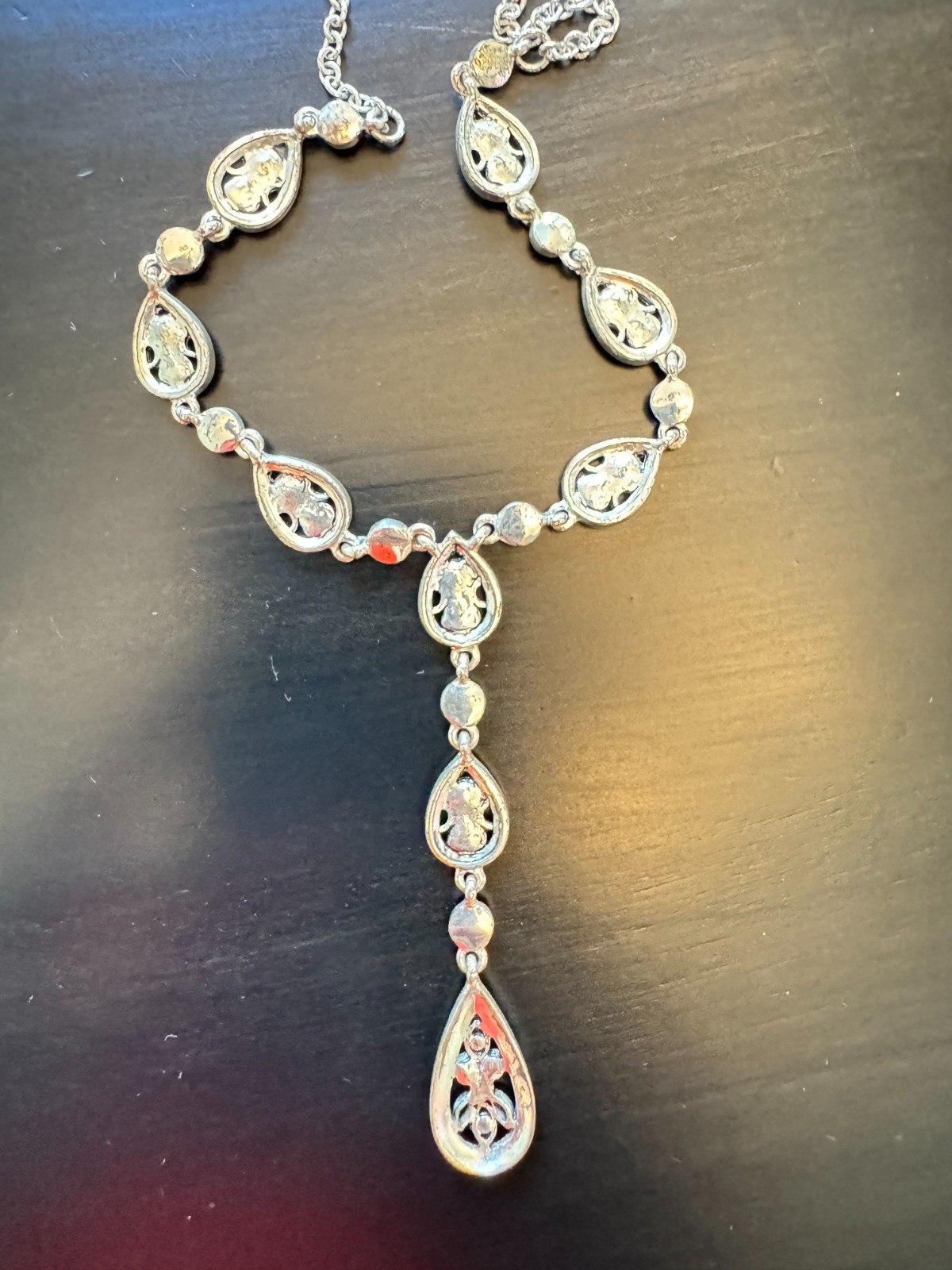 Vintage Crown Trifari Y Necklace, Faux Marcasite Teardrop Drop Pendant