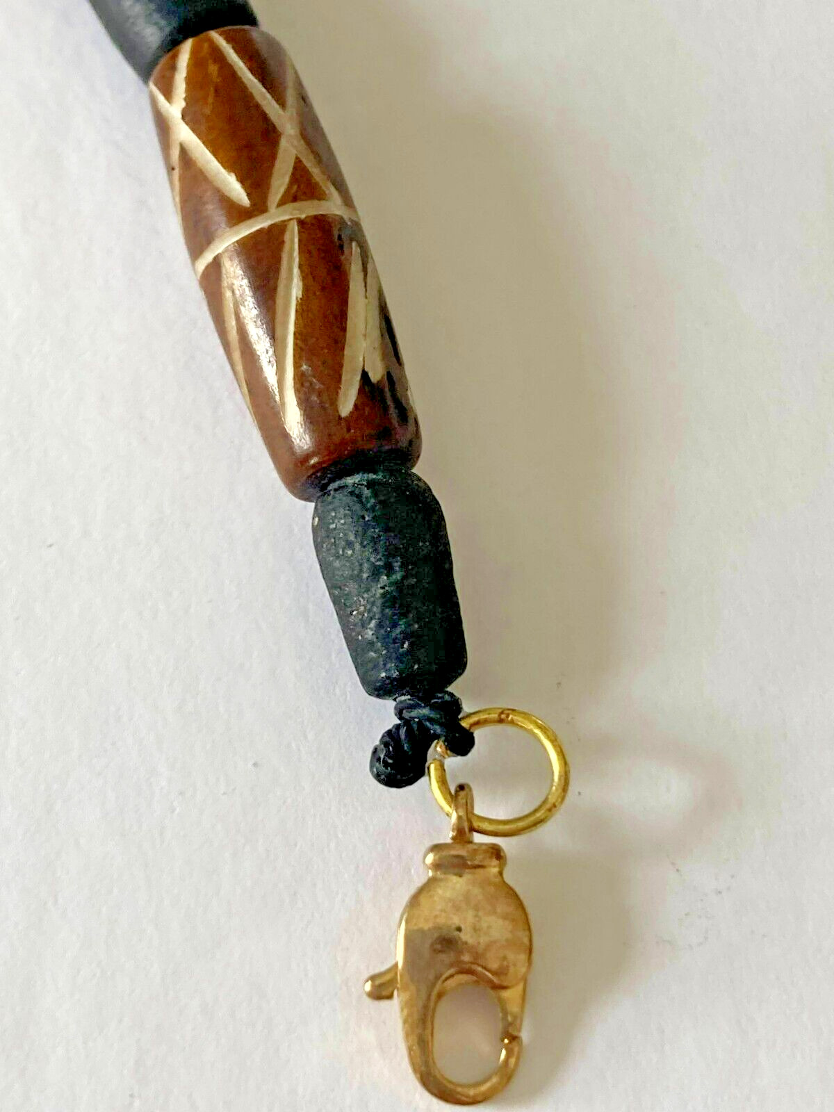 Hand Beaded Vintage Carved Wood and Black Ceramic 7.5-inches