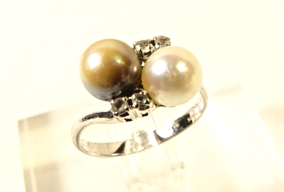 Lovely 10k White Gold Champagne & Cream Double Pearl Bypass Sz 6.5 Dinner Ring