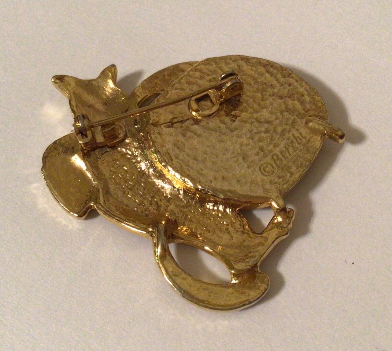Vintage Berebi Signed Cat & Fish Brooch/Pin Purple/Green/White Enamel Gold Tone