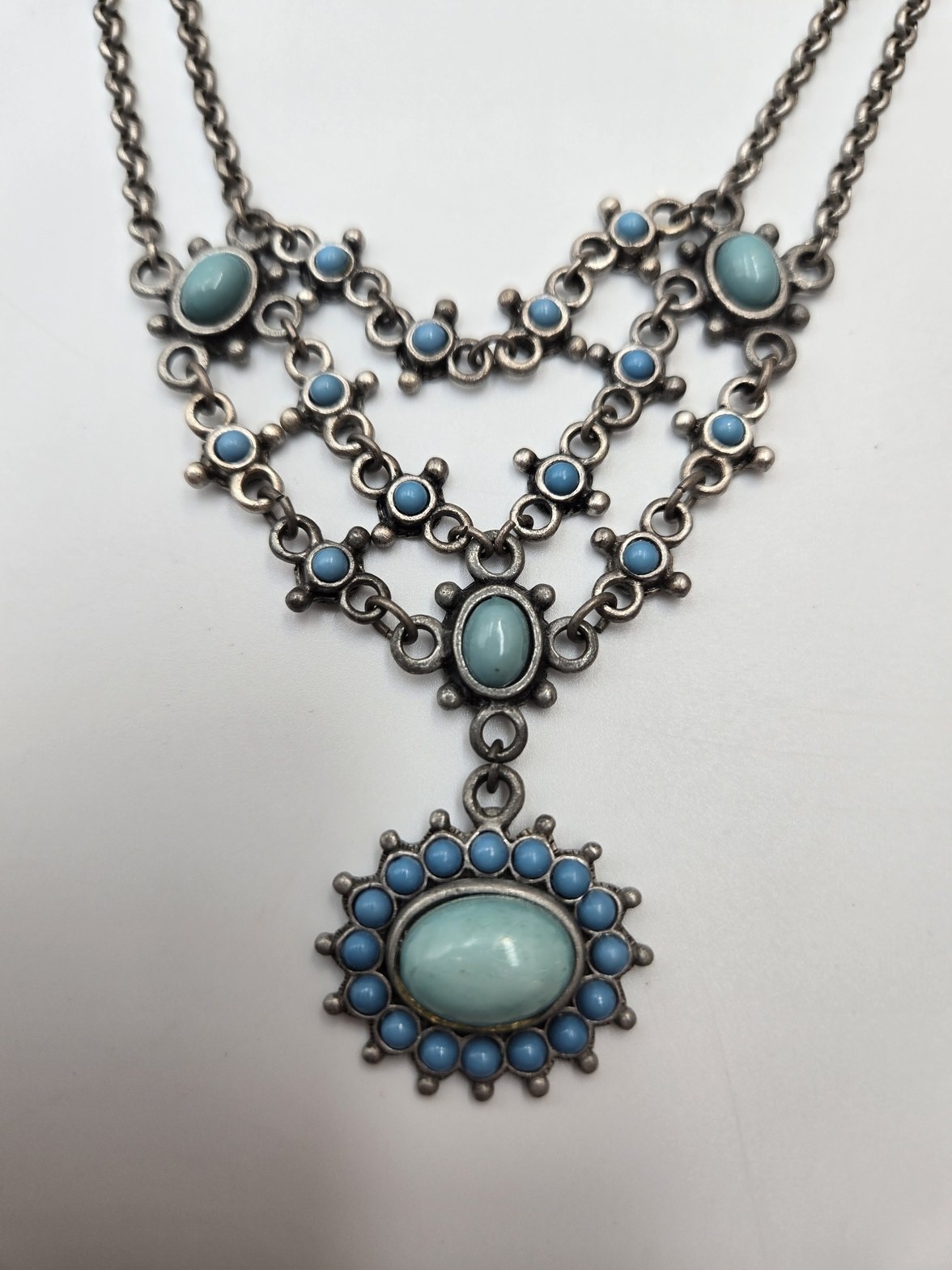 Vintage NR Silver Tone Faux Turquoise Bib Festoon Pendant Necklace festival boho
