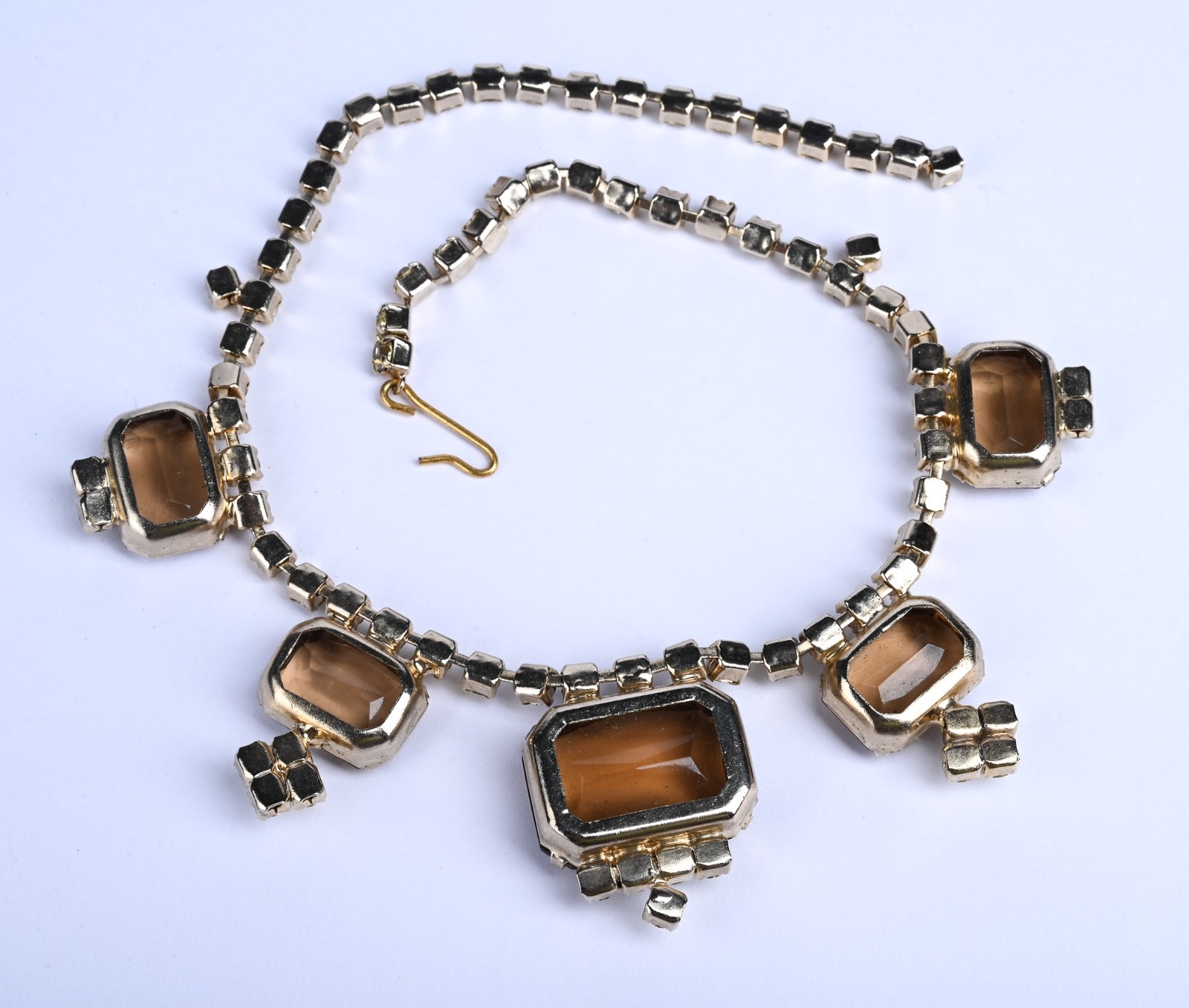 Vintage Amber Glass Rhinestone Festoon Choker Necklace Gold Tone 14″