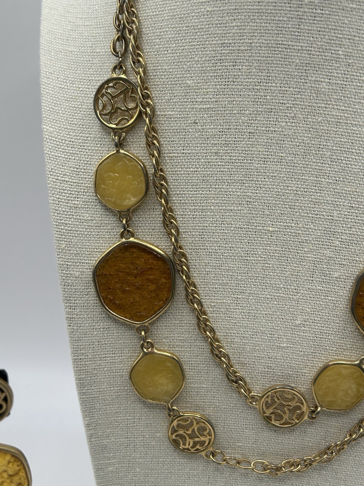 SARAH COVENTRY Necklace & Earrings Taste Of Honey Amber Discs Gold Tone Vintage