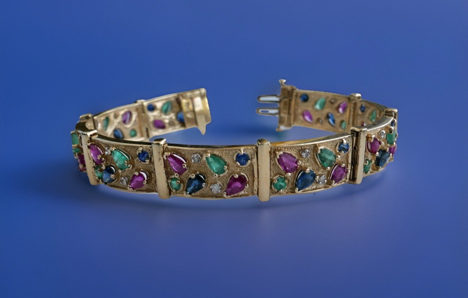 Vintage 14K Yellow Gold Ruby Emerald Sapphire Diamond Link Bracelet 7.25”