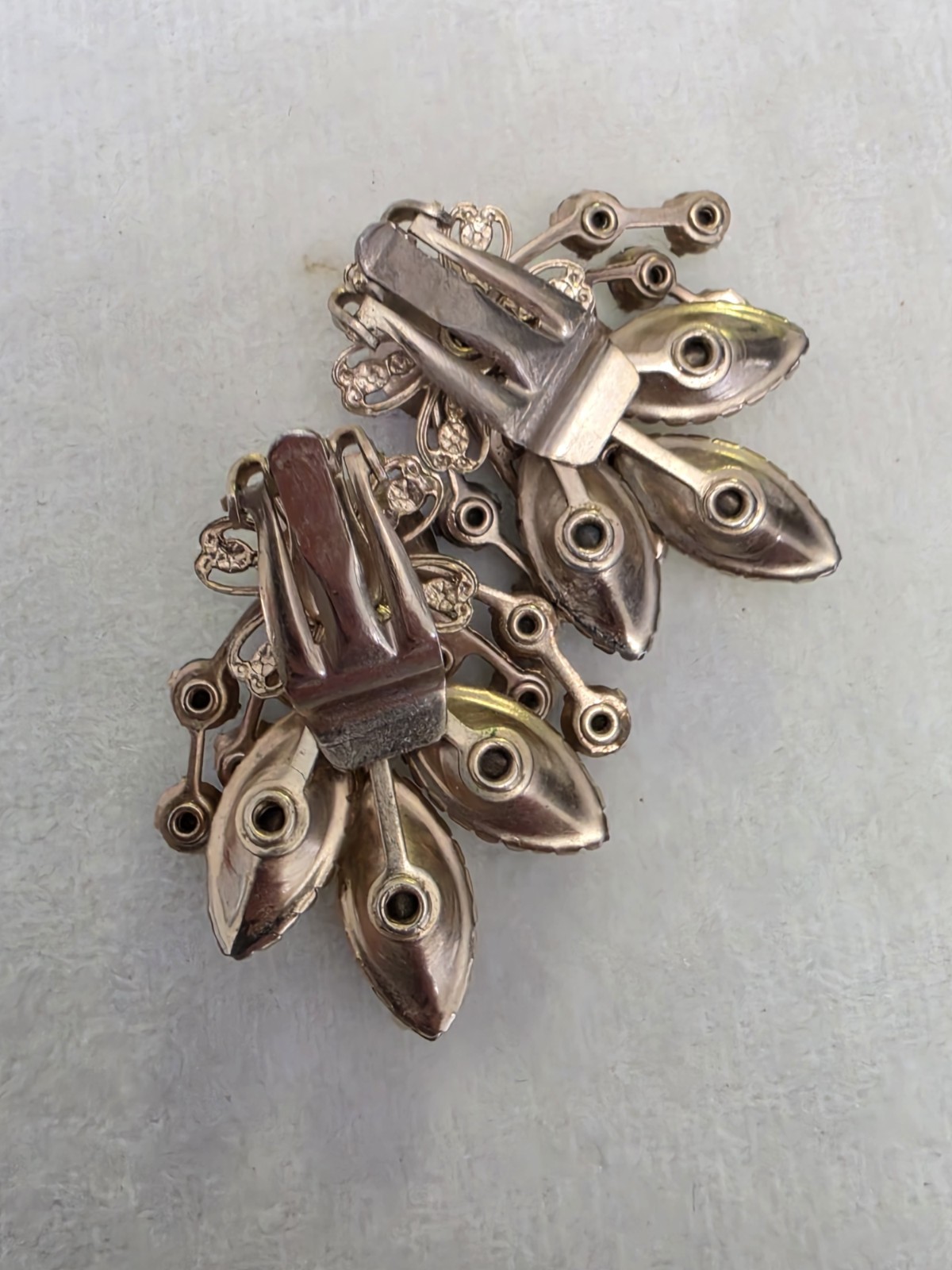 Vintage Multicolor AB Rhinestone Red Yellow Navette Floral Spray Clip Earrings