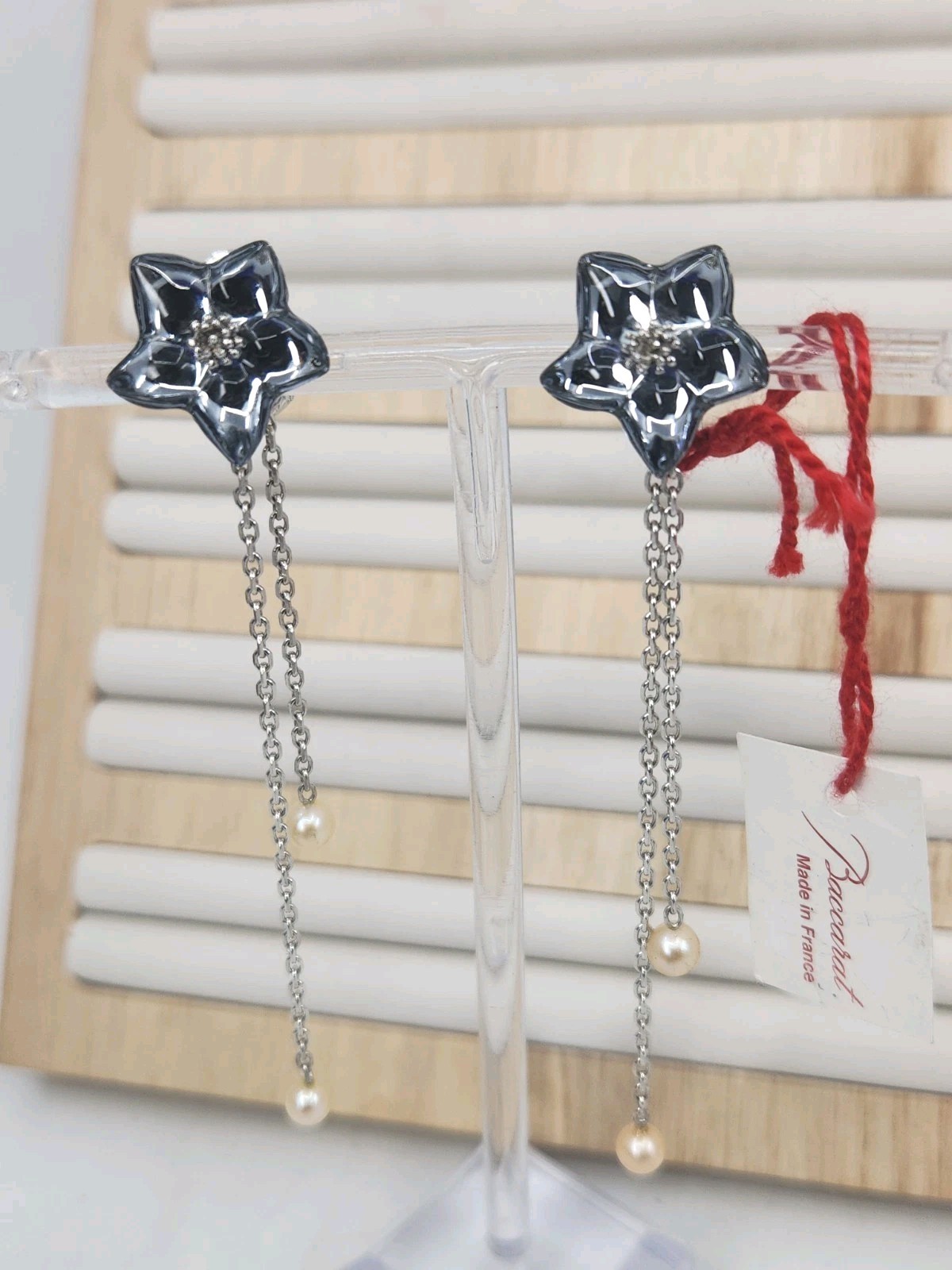 Authentic Baccarat France Crystal Flower Pearl Chain Dangle Clip Earrings 925