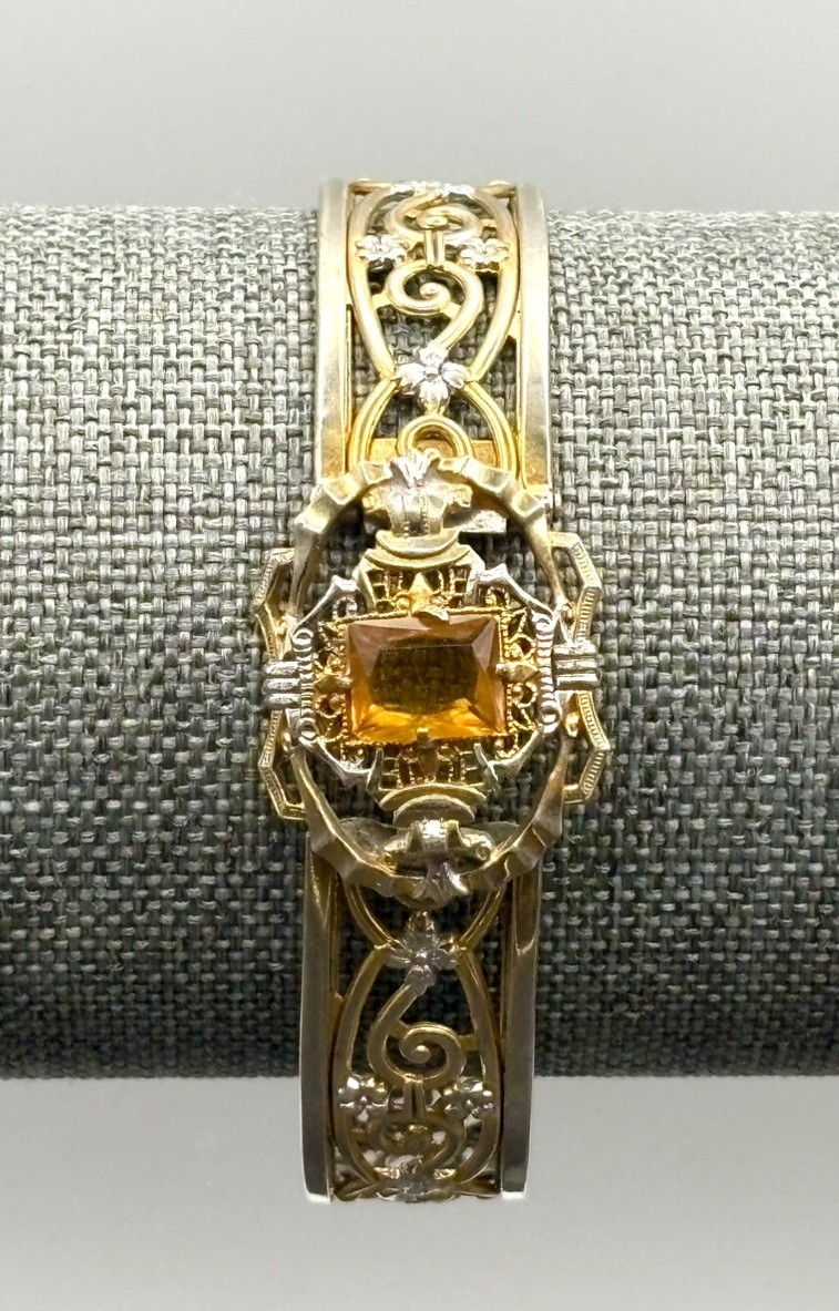 VTG Art Deco Hinge Clasp Bangle Bracelet Faux Citrine White Mfg Co Providence RI