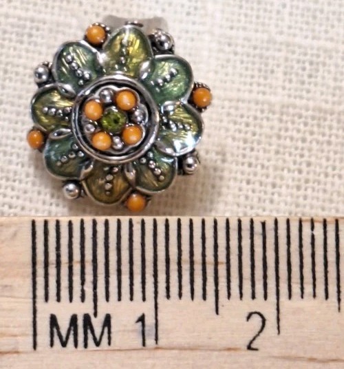 VTG Dainty Enameled Art Deco Floral Cluster Silver Clip-on Earrings Green Orange