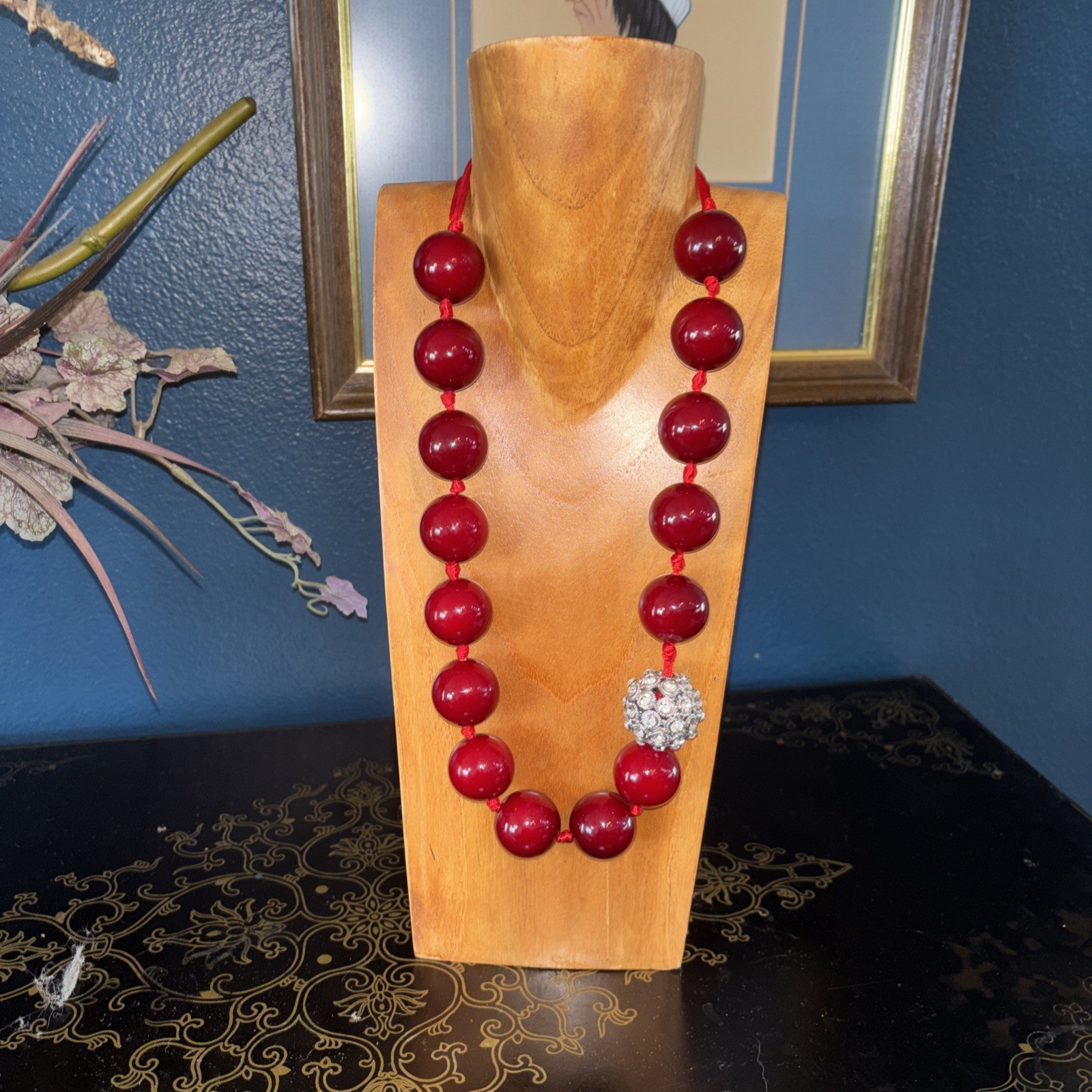 Vintage Inspired Red Resin Hand Knotted Necklace With Rinestone Accent