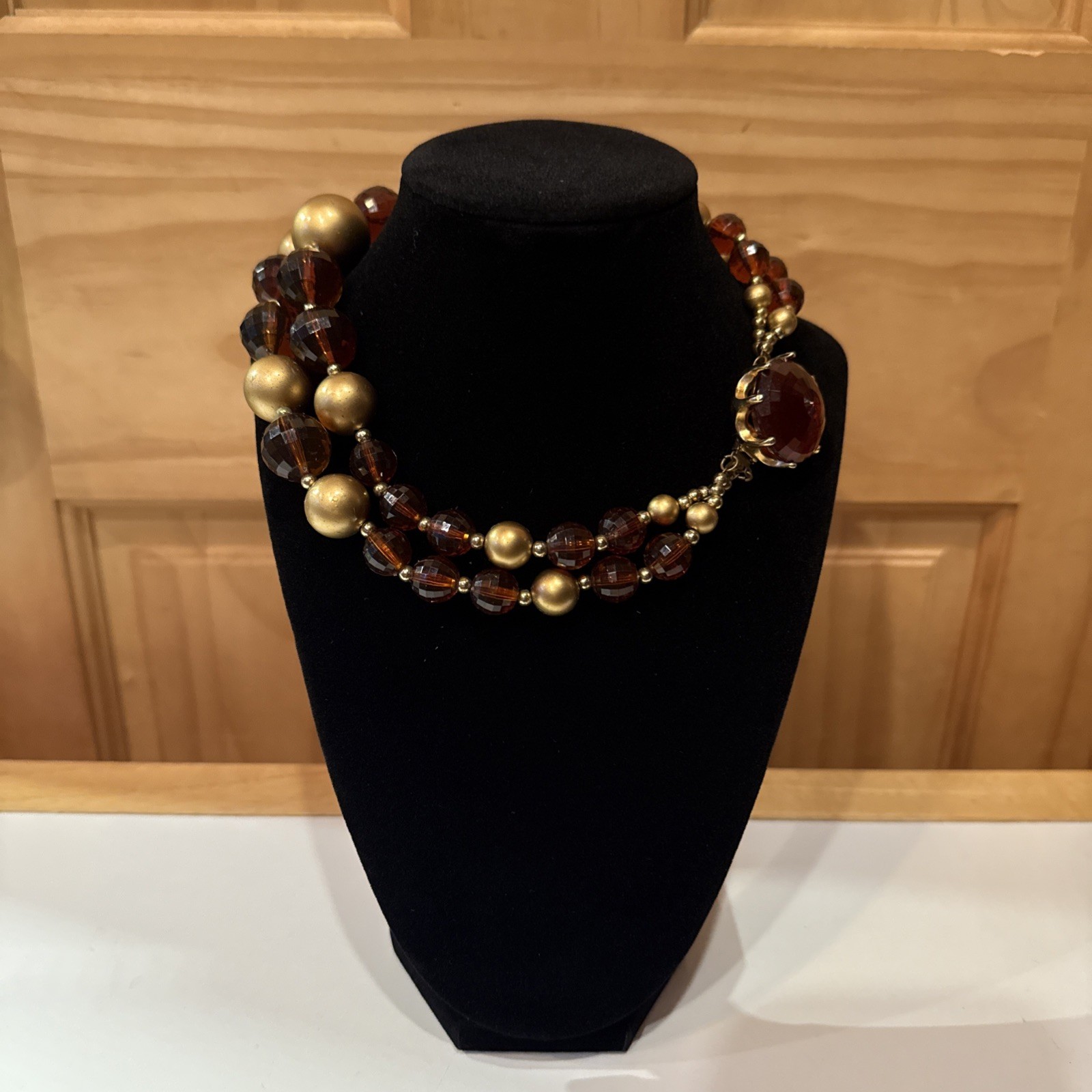 VTG Lucite Beaded Two Strand Necklace Two Tone Honey Amber Gold Faceted 16”